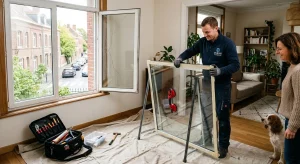 Vitrier professionnel installant une nouvelle vitre double vitrage dans un salon chez un particulier.