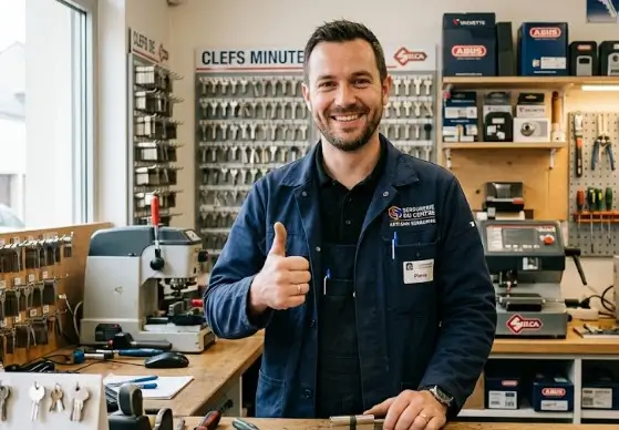 serrurier souriant dans sa boutique avec le point levé