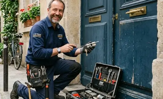 serrurier souriant en train de change la cylindre d'une porte d'entrée de bâtiment