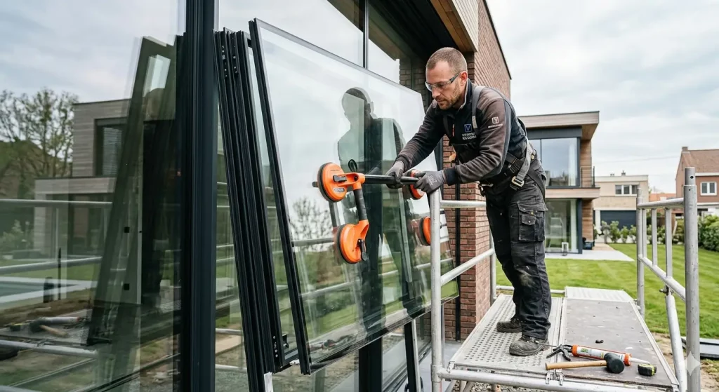vitrier des hauts de France en train de poser une vitre en extérieur
