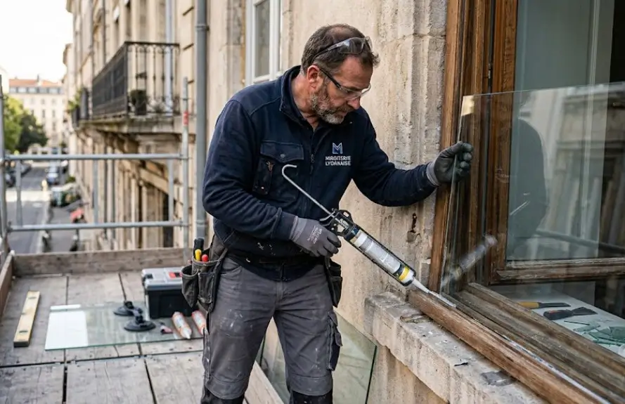 vitrier en train de poser une vitre en extérieur