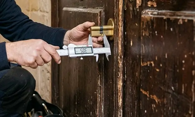 serrurier mesurant le cylindre d'une serrure d'un vielle porte d'entrée en bois