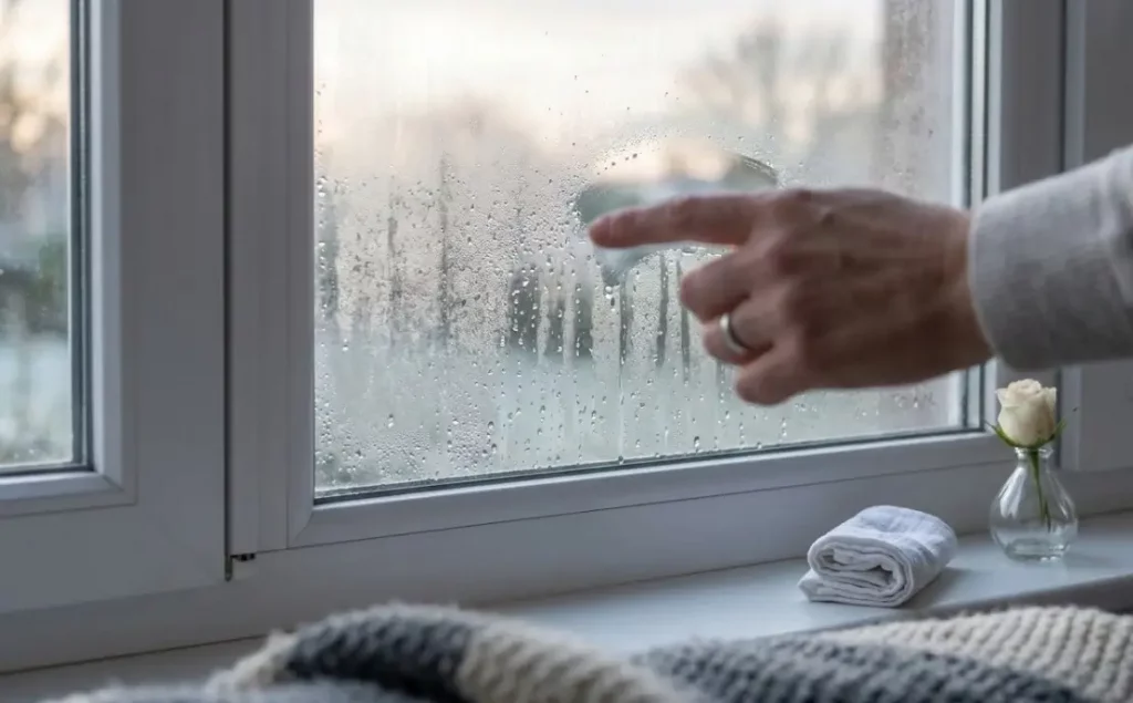fenêtre de maison moderne, la vitre est couverte d'une fine pellicule de buée et de gouttelettes d'eau, illustrant parfaitement le problème de la condensation. La main d'une personne à Wattignies, Hauts-de-France, est visible, essuyant doucement la buée