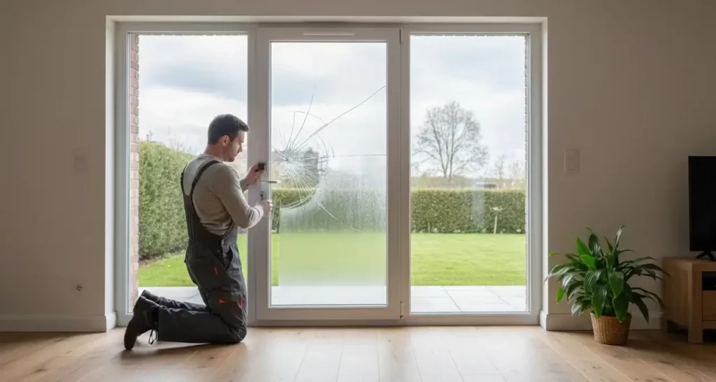 Un serrurier agenouillé devant une grande porte vitrée d'une maison moderne, examinant une vitre fissurée par un impact. Le professionnel, en tenue de travail, tient un outil et semble évaluer les dégâts ou préparer une réparation d'urgence sur le vitrage brisé, offrant une solution pour protéger la porte.