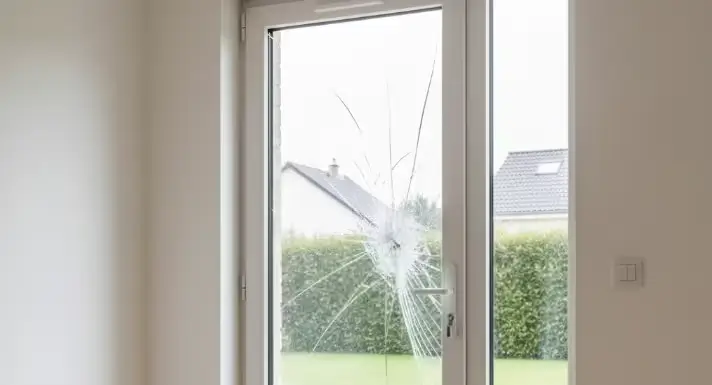 porte vitrée d'un salon d'une maison brisée