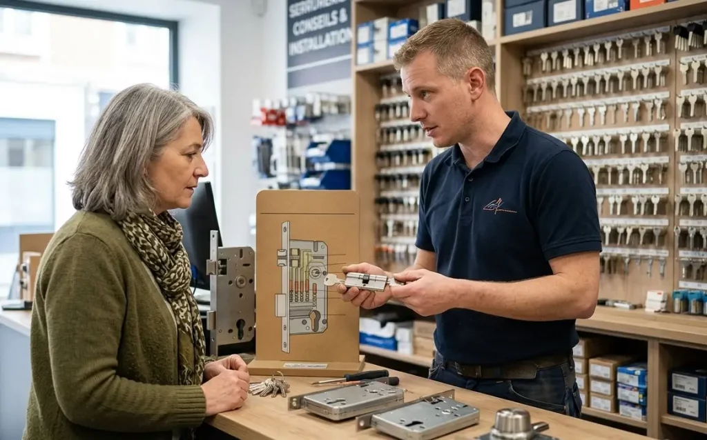 Un serrurier professionnel en polo bleu conseille une cliente aux cheveux gris dans une boutique. Il tient un cylindre de serrure et lui présente différents modèles de serrures posés sur le comptoir, devant un grand mur rempli de clés.