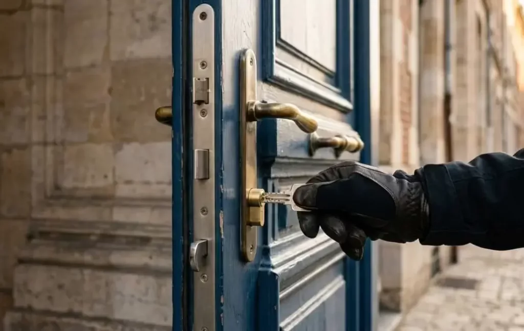 Gros plan sur une main gantée insérant une clé dans le cylindre d'une serrure multipoint certifiée A2P installée sur une porte en bois massif à Lille. On voit distinctement les pênes centraux, supérieurs et inférieurs engagés dans la têtière métallique pour une sécurité renforcée.