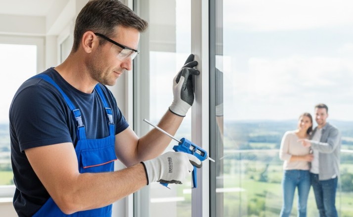  vitrier qui termine de poser une nouvelle vitre proprement