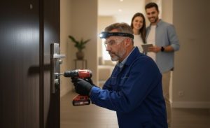 serrurier expert qui change une serrure de porte d'entrée