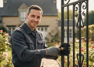 serrurier souriant en train de réparer la serrure d'une porte de portail