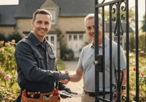 serrurier souriant qui serre la main d'un client après avoir terminé de réparer la serrure d'une porte de portail