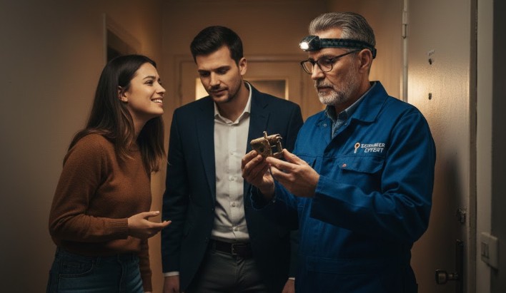 serrurier, locataire, propriétaire dans le couloir en train de discuter en souriant
