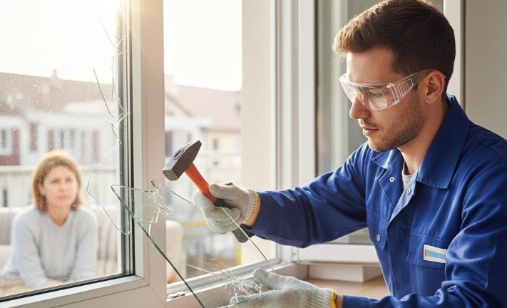 jeune vitrier qui enlève une vitre cassée délicatement