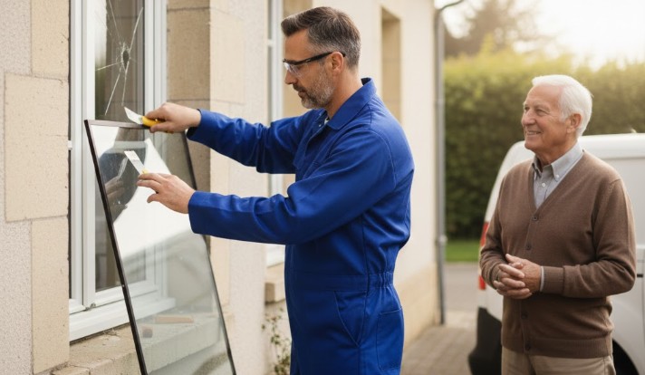 vitrier qualifié qui change a vitre d'un monsieur à la retraite