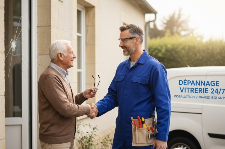 vitrier qualifié qui arrive avec ses outils pour aider un monsieur à la retraite
