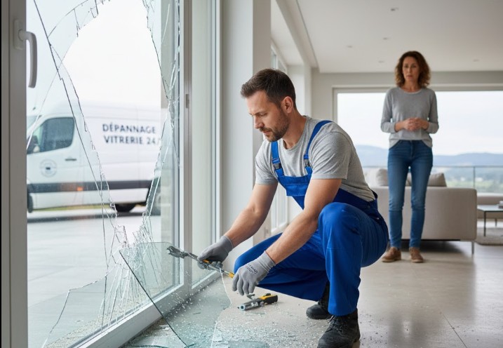 vitrier qui cqhnge une vitre céssée chez une cliente