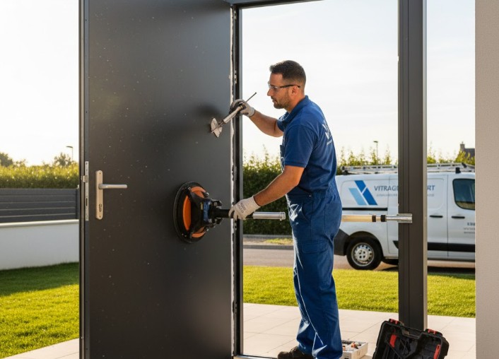 vitrier en train d'installer une porte pleine