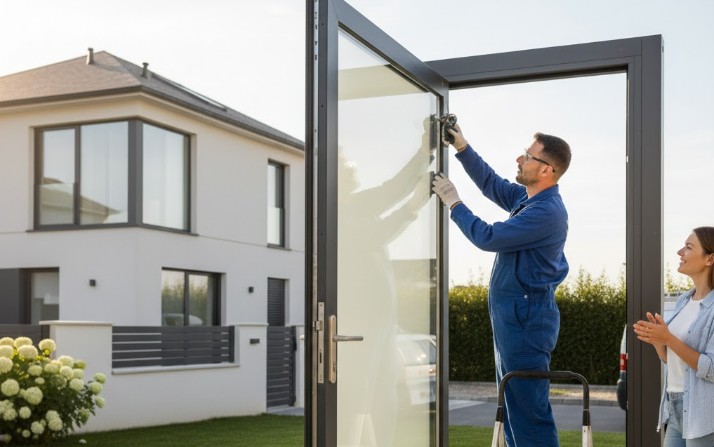 vitrier en train d'installer une porte vitrée devant la maison d'un client