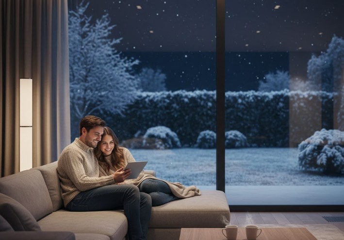 jeune couple dans leur salon avec de belle porte vitrée qui les sécurise