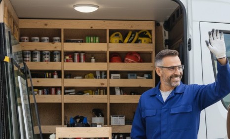 vitrier qui monte dans sa camionette