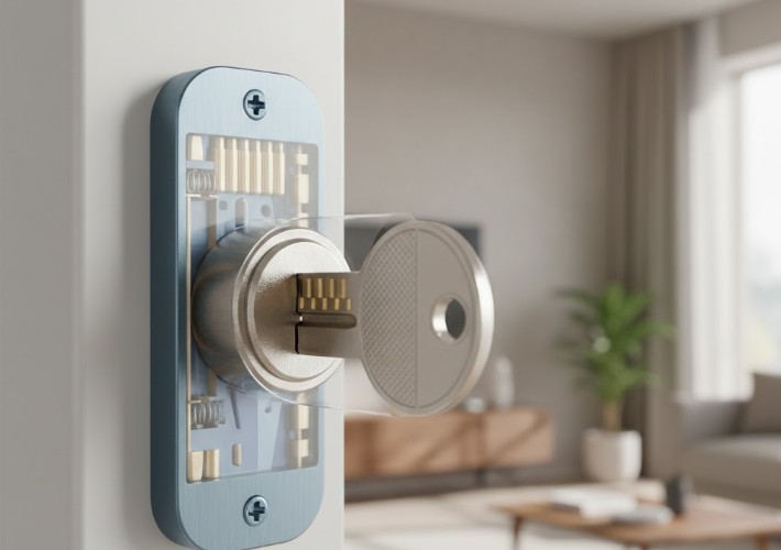 zoom sur une serrure d'une porte avec la clé dessus