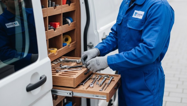 serrurier qui range ses outils dans sa camionette