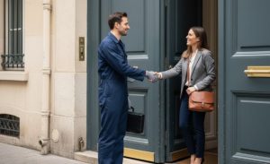 serrurier en train de serrer la main à une cliente