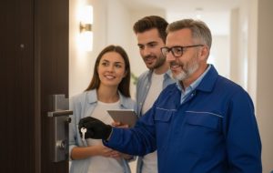 un serrurier qui donne des conseils à un couple pour leur serrure