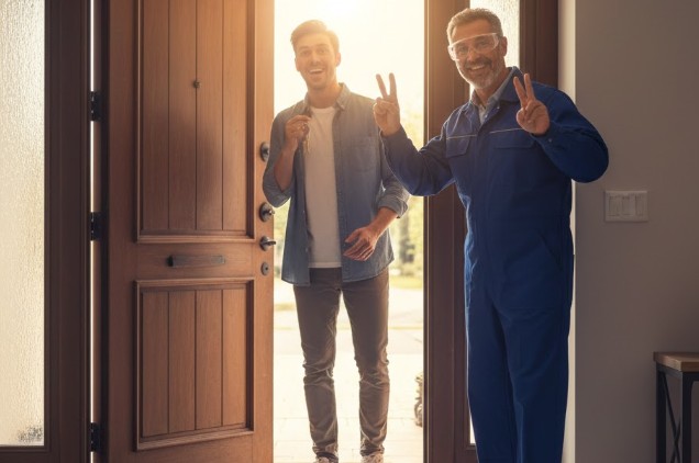 serrurier qui aide un homme à ouvrir sa porte d'entrée avec le sourire