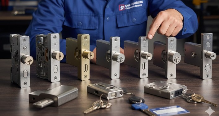 différents types de serrures posées sur une table avec un serrurier à côté