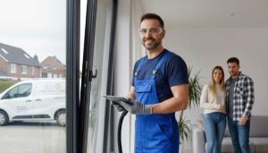 vitrier qui vient de termenier de réparer une vitre brisée chez des gens