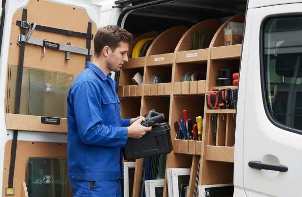 vitrier qui renge ses outils dehors