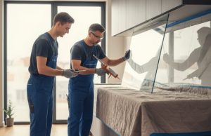 deux vitriers en train de travailler chez des particuliers avec une protection