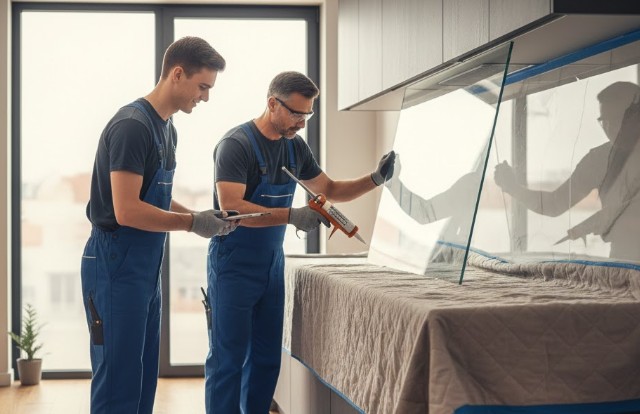 deux vitriers en train de travailler chez des particuliers avec une protection