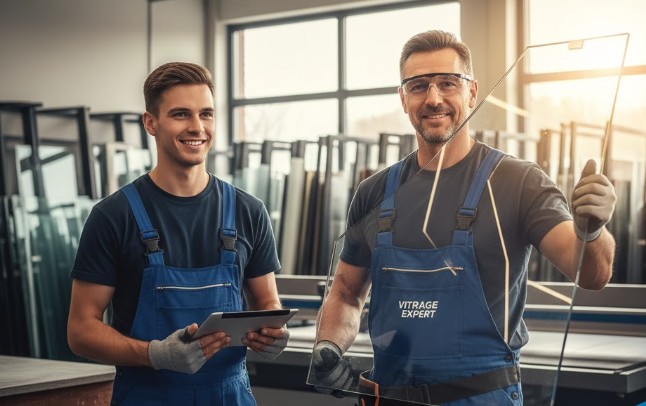 Deux vitriers en train de tenir une vitre dans leurs mains en souriant
