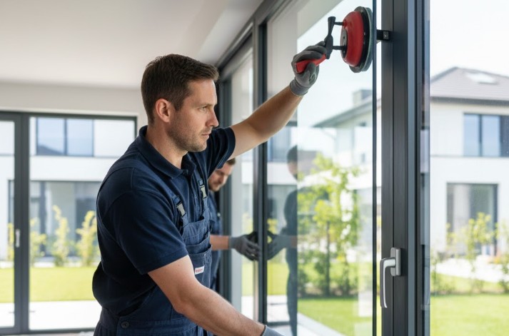 vitrier brun en train de poser une vitre en intérieur