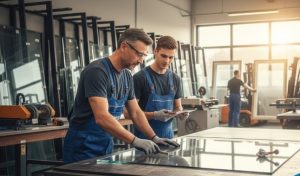 deux vitriers en train de travailler dans leur atelier