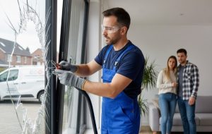 vitrier en train de réparer une vitre brisée chez des gens
