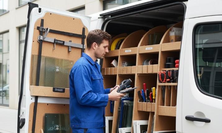 vitrier en train de préparer ses outils dans son véhicule de fonction