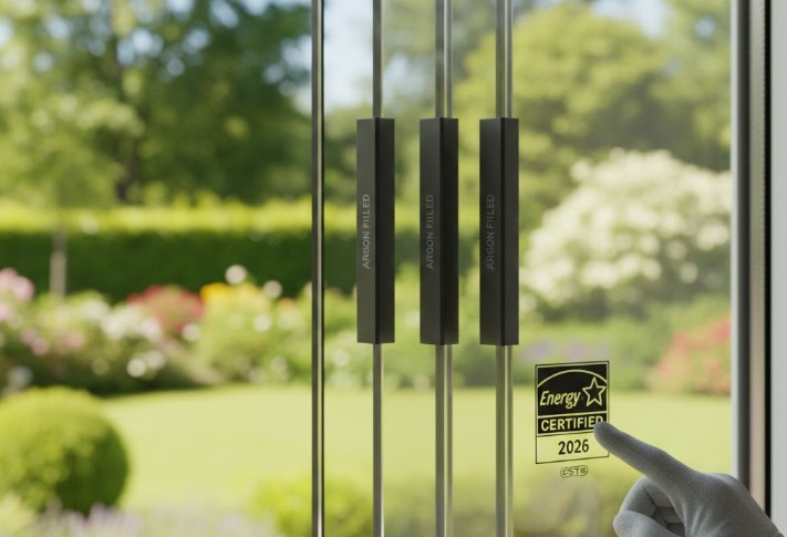 zoom sur une vitrage de qualité avec une main recouvert d'un gant blan pointant sur le vitrage de qualité