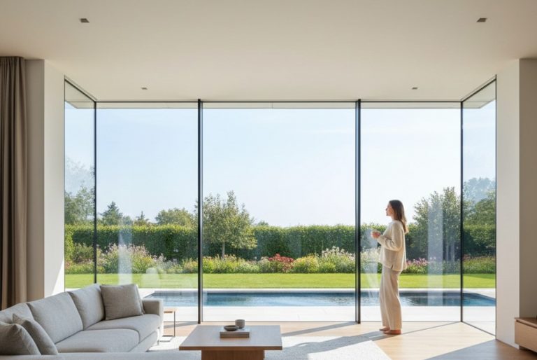 femme dans un grand salon avec une grand baie vitrée donnant sur le jardin