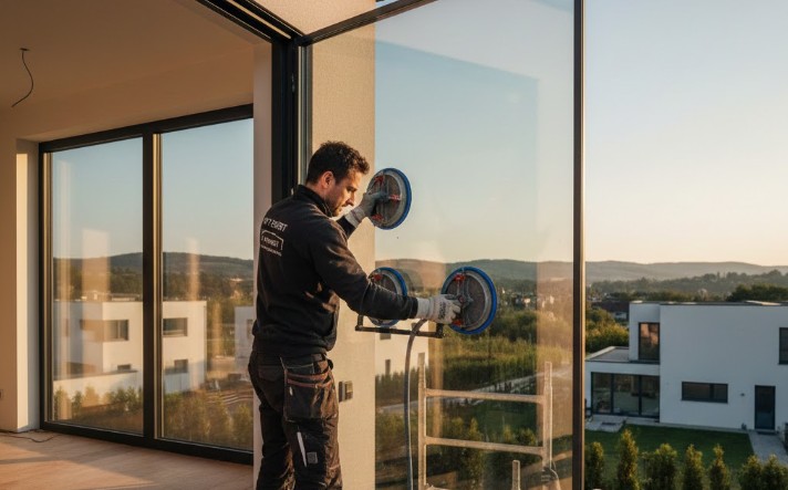 vitrier en train d'installer une vitre à l'étage d'une maison