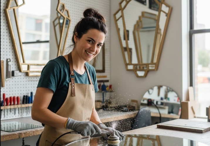 jeune femme miroitier souriante en train de travailler dans son atelier