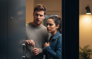 couple devant leur porte bloquée à cause d'une serrure