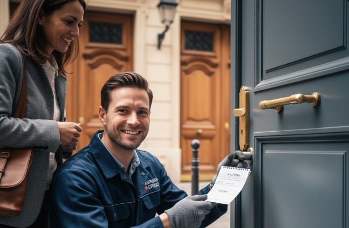 serrurier montrant la facture avec la cliente derrière
