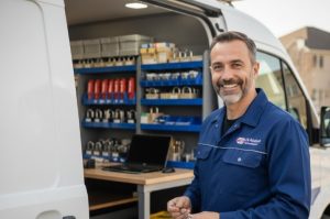 serrurier souriant à côté dans sa camionette