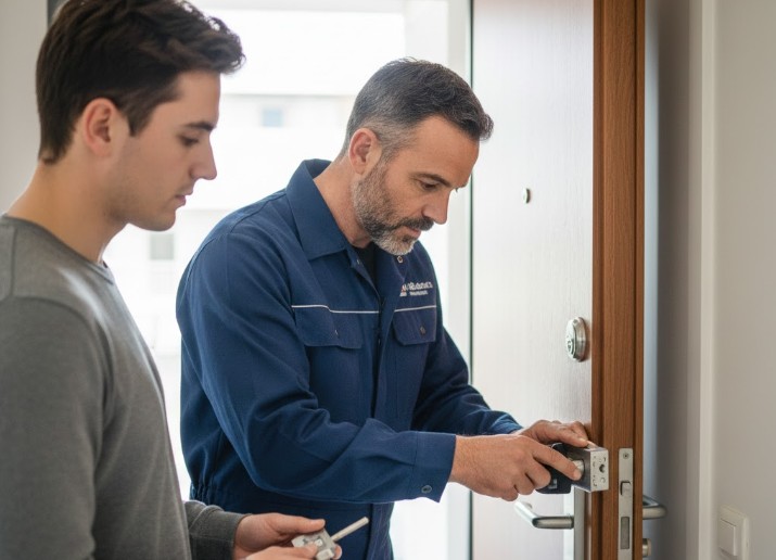 serrurier en train d'aider un particulier à changer la serrure