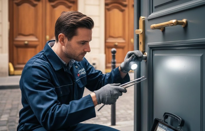 serrurier en train de changer une serrure d'une porte d'entrée