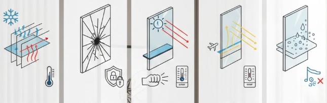 croquis montrant les différents types de vitrage avec 5 exemples