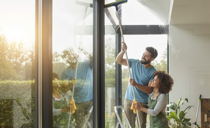 couple qui entretien leur vitrage dans leur maison